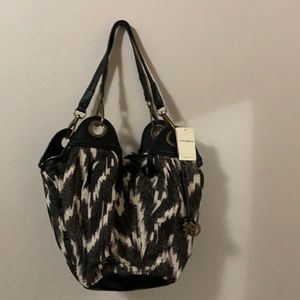 Lucky brand shoulder bag hobo boho brass canvas purse black white Bali hai